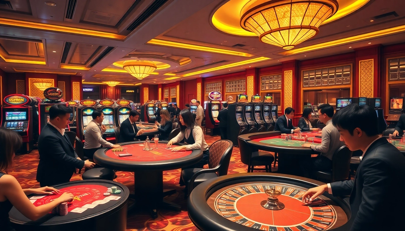 The SUNWIN casino experience featuring vibrant table games, lively players, and luxurious decor.