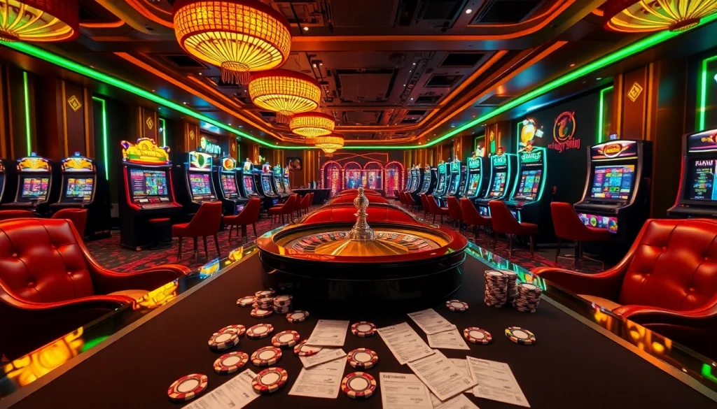 Experience high-stakes gaming at Luckywin casino with a vibrant roulette wheel and colorful poker chips.
