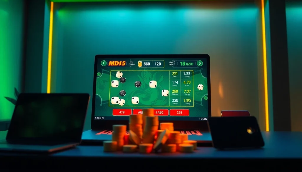 Tài Xỉu MD5 online gaming interface with dynamic dice rolls and vibrant colors.