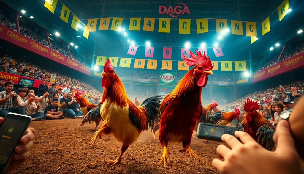 Live cockfighting excitement at dagawin.live with vibrant atmosphere and thrilling matches.