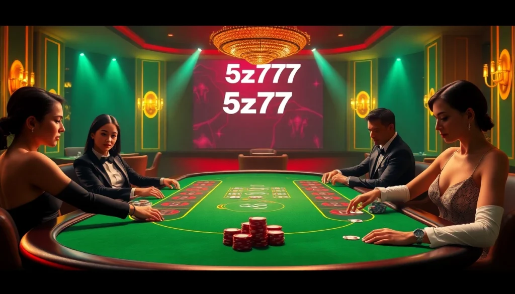 Players enjoying high-stakes poker at an online casino with a display of 5z777 exciting betting.