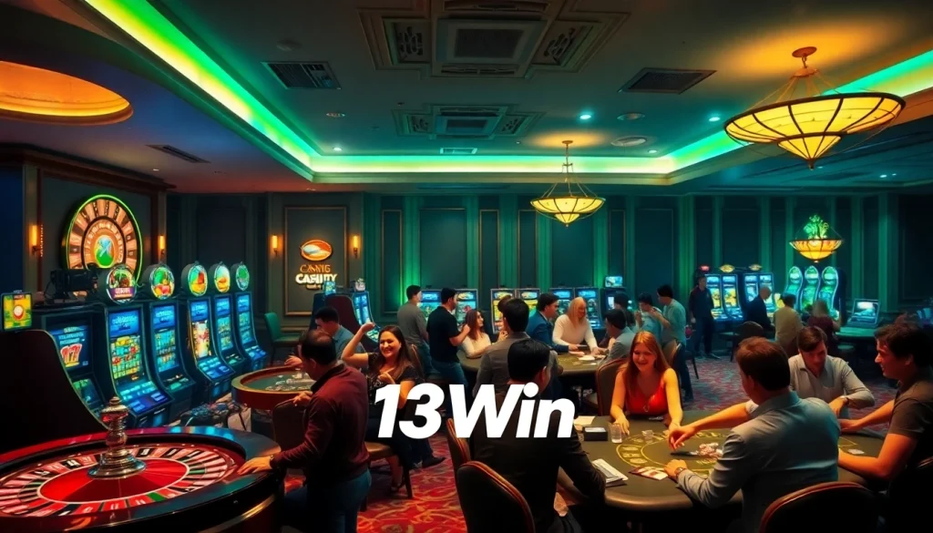 Experience the thrill of gaming at 13Win with an elegant casino atmosphere featuring poker tables and roulette.