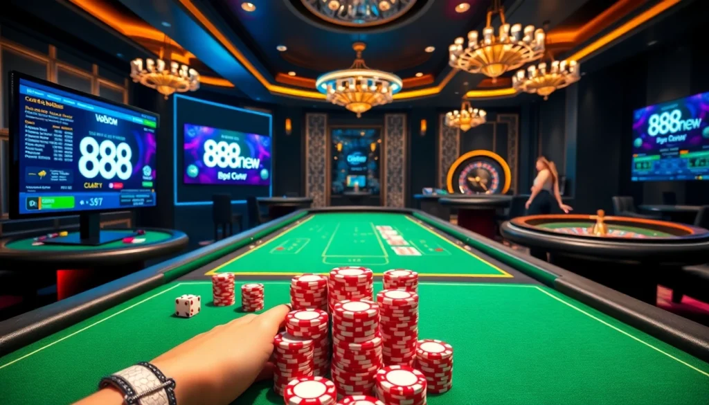 Experience the thrill of placing bets at 888new with vibrant poker chips and luxurious tables in a casino environment.