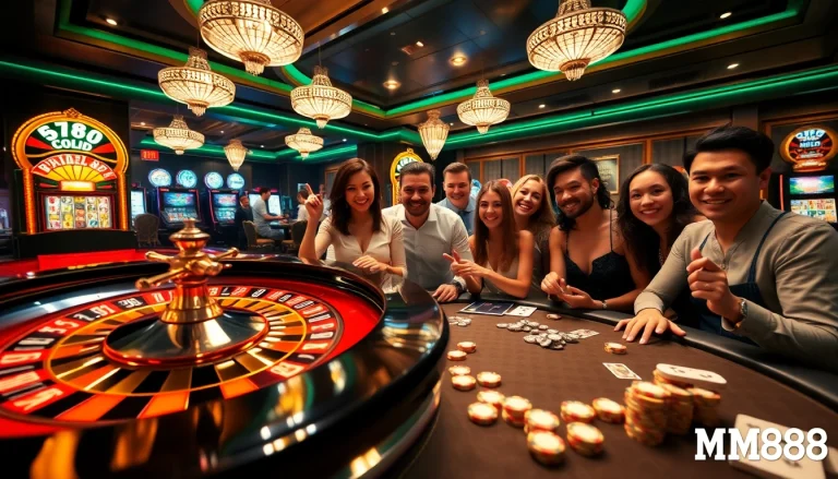 Players enjoying a thrilling game of poker at MM88 casino with vibrant tables and exciting atmosphere.
