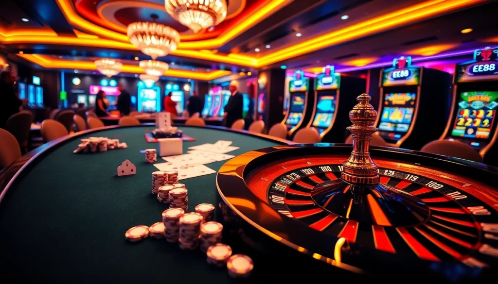 Experience thrilling gambling action at EE88 casino with vibrant poker chips and roulette.