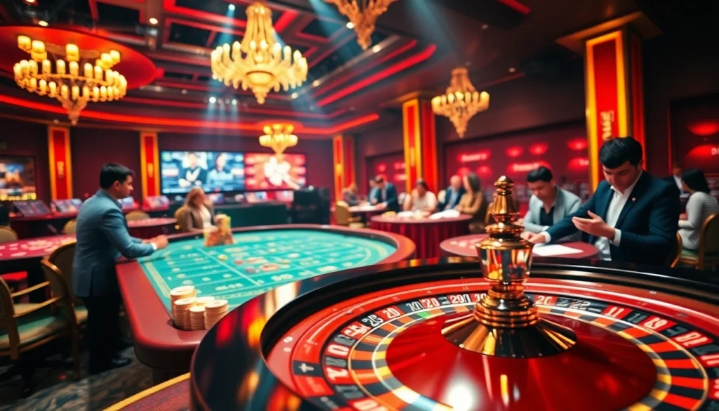 BJ88 players engaging in high-stakes betting at a luxurious casino table with live action.