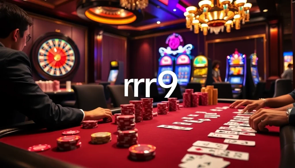 Engaged gamblers strategizing at a luxurious poker table featuring rr99 chips.
