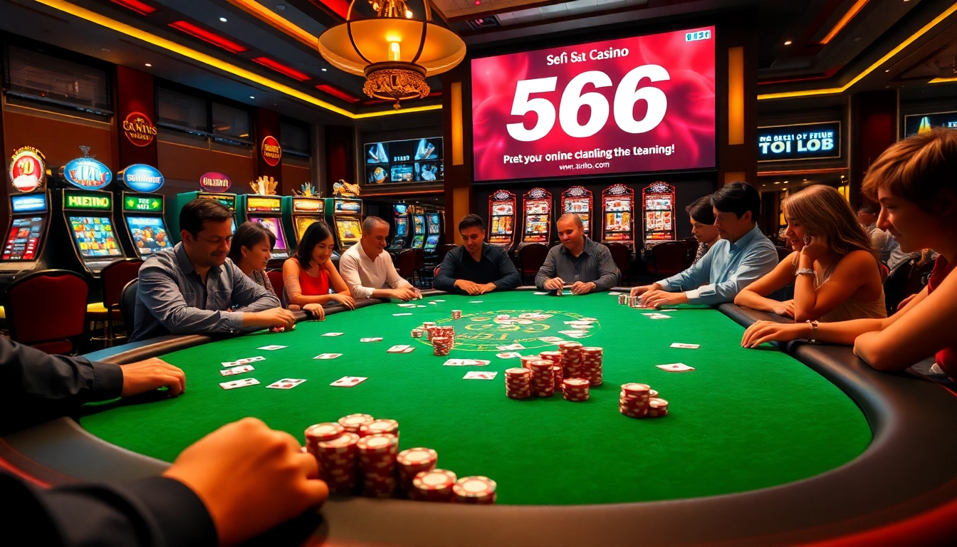 Players engaging at the poker table at nhà cái 566, showcasing exciting gambling action.