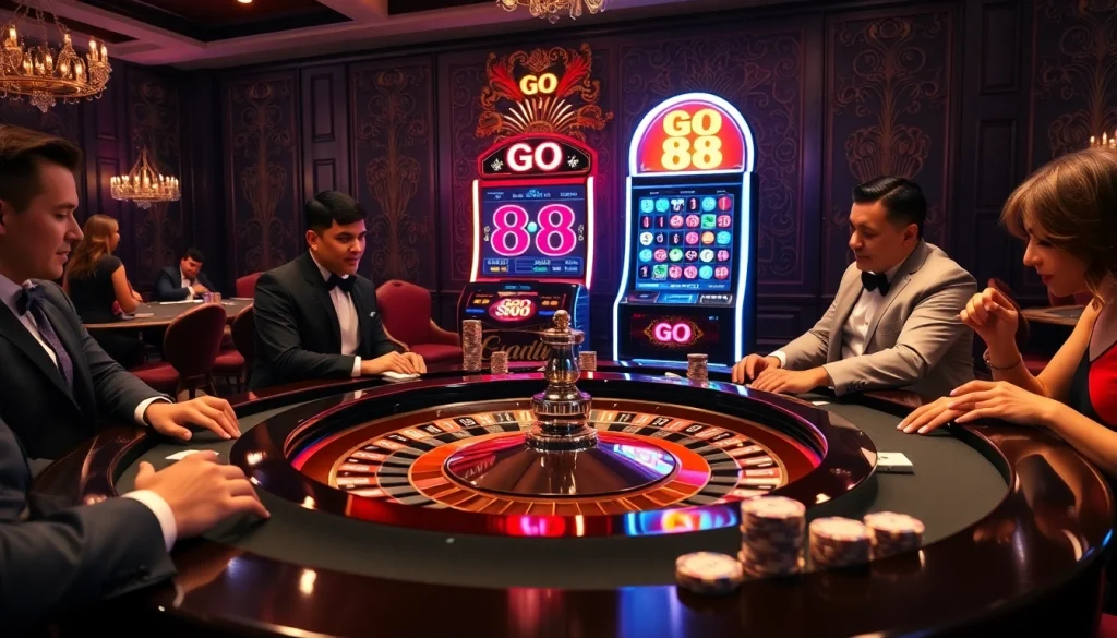 Exciting scene of GO 88 slot machines in a luxurious casino atmosphere.
