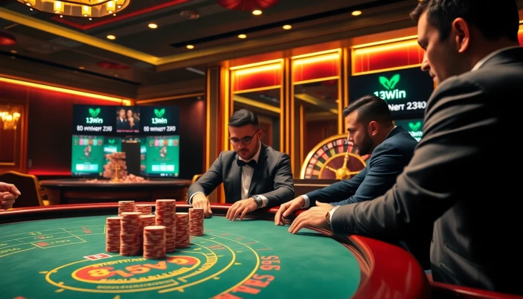 Experience the thrill of 13Win at a luxurious poker table surrounded by high-stakes excitement.