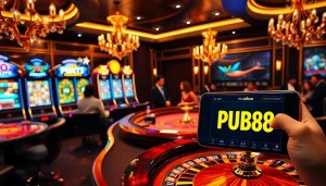 Engaging casino scene at https://pub88.com.de/ featuring a professional dealer and vibrant slot machines.
