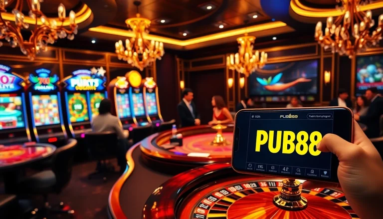 Engaging casino scene at https://pub88.com.de/ featuring a professional dealer and vibrant slot machines.