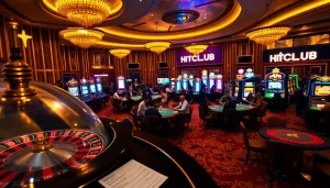 The excitement of HITCLUB captured in a luxurious casino environment with poker games, roulette wheel, and vibrant slot machines.