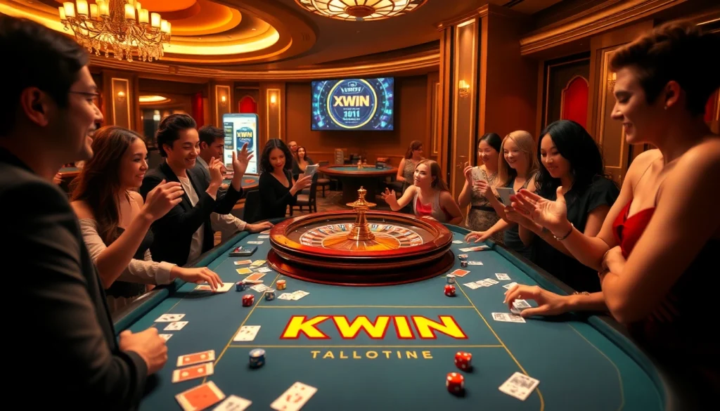 Players enjoying a thrilling game at a KWIN casino table, showcasing excitement and luxury in gambling.