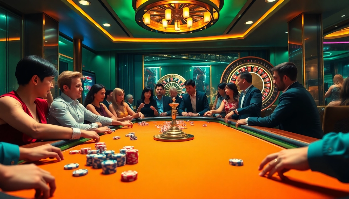 Engaging scene of players betting at a rikvip casino table with poker chips and a spinning roulette wheel.