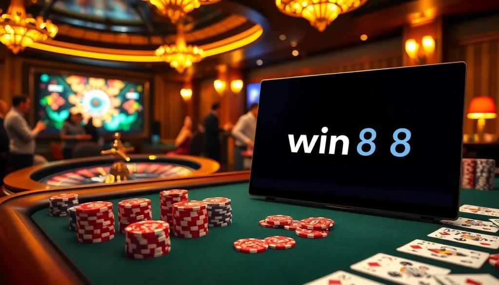 Experience exciting gameplay at win 88 with vibrant poker chips and glowing roulette wheel.
