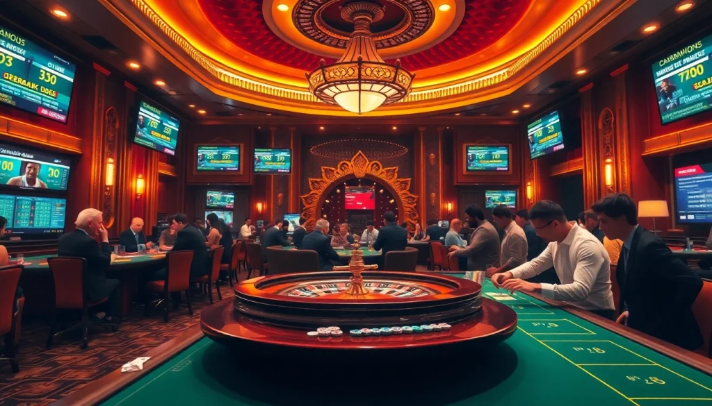 Players engaging in high-stakes poker and roulette at a luxurious BDJL casino.