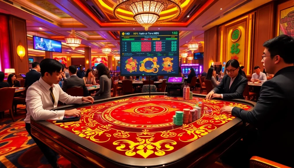 Players enjoying a thrilling Tài Xỉu MD5 game at an elegantly designed casino table, showcasing the excitement of online gambling.