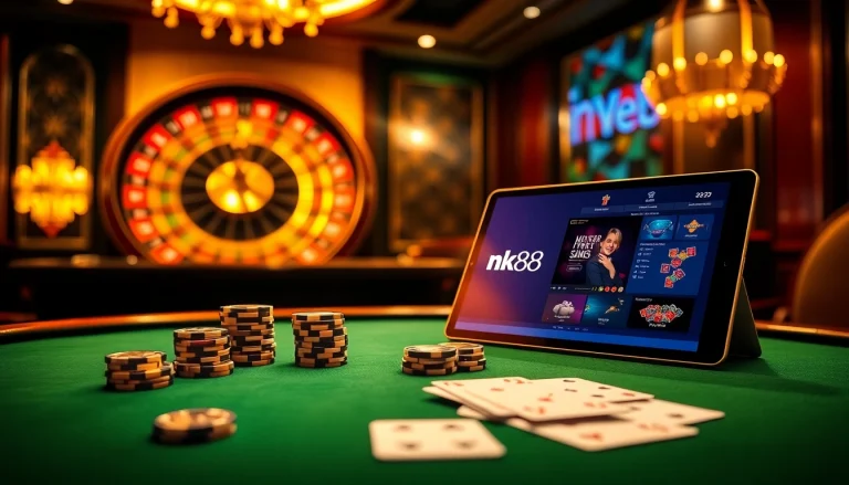 Engaging casino experience at nk88 with poker chips, cards, and a roulette wheel in view.