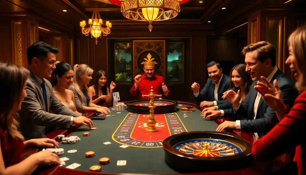 Players enjoying thrilling games at the mb66-themed casino table in a vibrant ambiance.