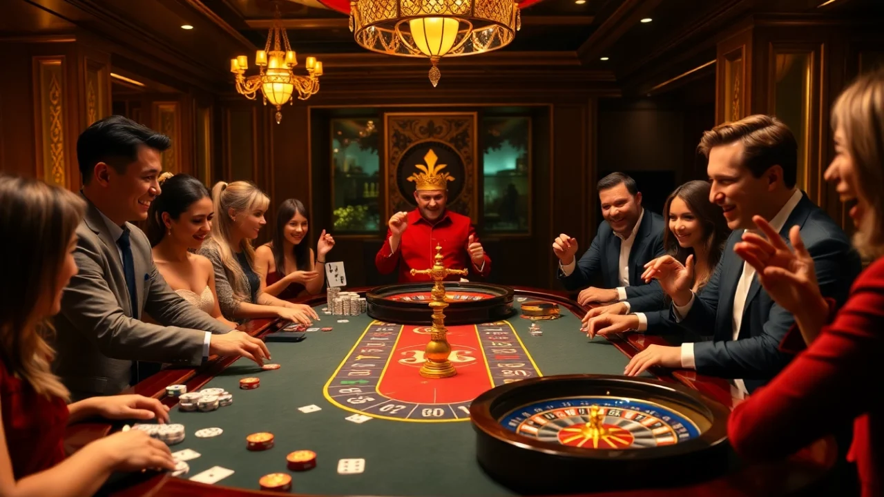 Players enjoying thrilling games at the mb66-themed casino table in a vibrant ambiance.