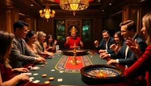 Players enjoying thrilling games at the mb66-themed casino table in a vibrant ambiance.