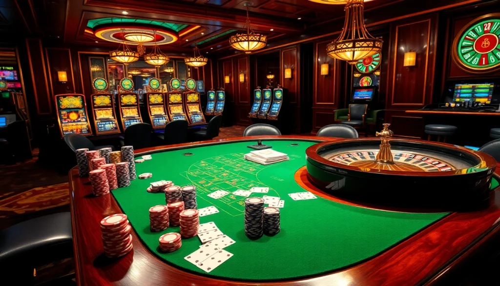 Alo789 players enjoying a thrilling game of poker, surrounded by vibrant casino elements.