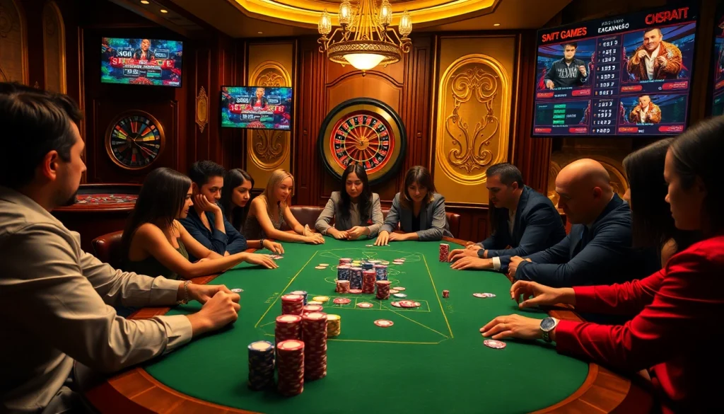 Engaged players at a poker table strategizing with SX 88 chips in a luxurious casino setting.