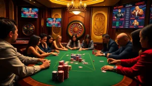 Engaged players at a poker table strategizing with SX 88 chips in a luxurious casino setting.