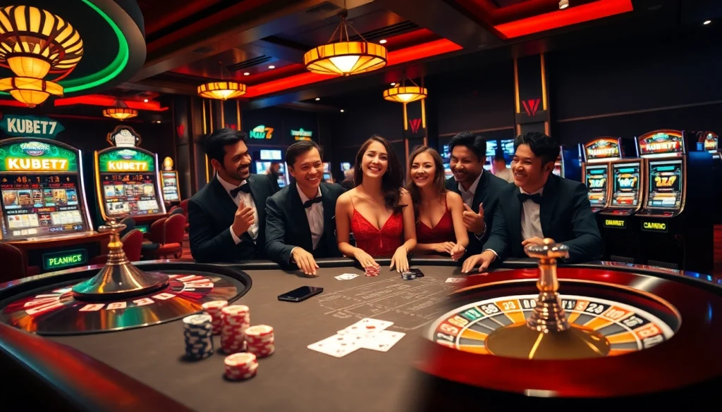 Experience the exhilarating world of KUBET77 with immersive casino gaming featuring poker tables and slot machines.