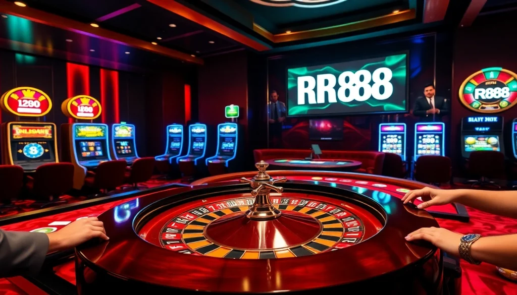 RR88 players thrillingly engaging at a vibrant casino table with cards and chips.