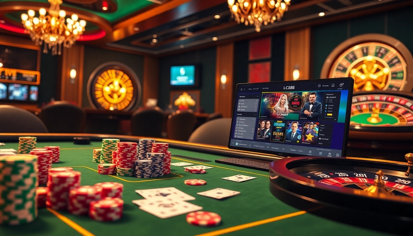 Engage in thrilling casino action with LC88 at a luxurious poker table featuring vibrant stacks of chips.