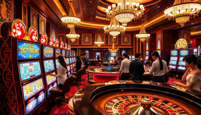 Winning at nổ hũ slots in a vibrant casino with excited players and luxurious decor.