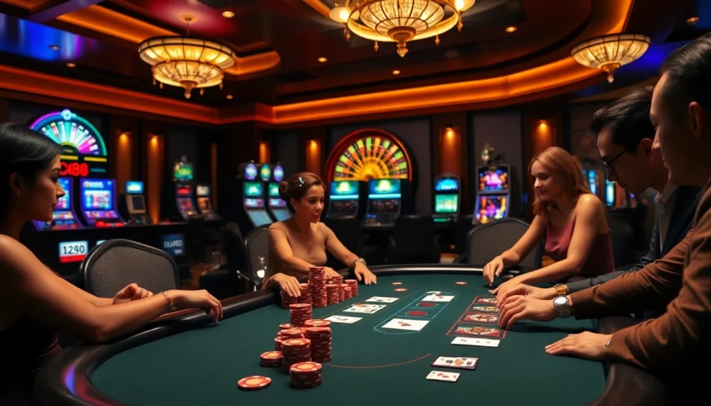 Players strategizing at an lc88 poker table surrounded by vibrant casino elements.