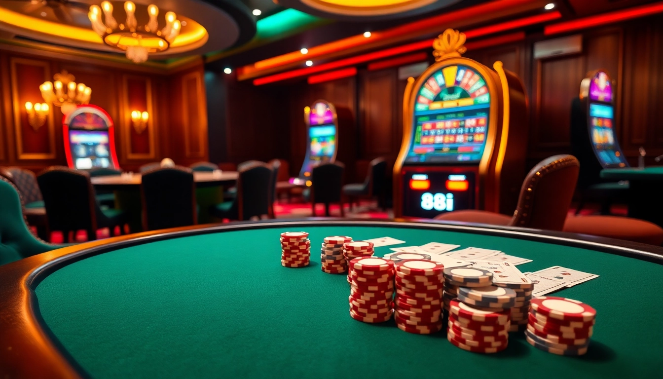 Excited players engaging at an elegant poker table showcasing 88i poker chips and cards.