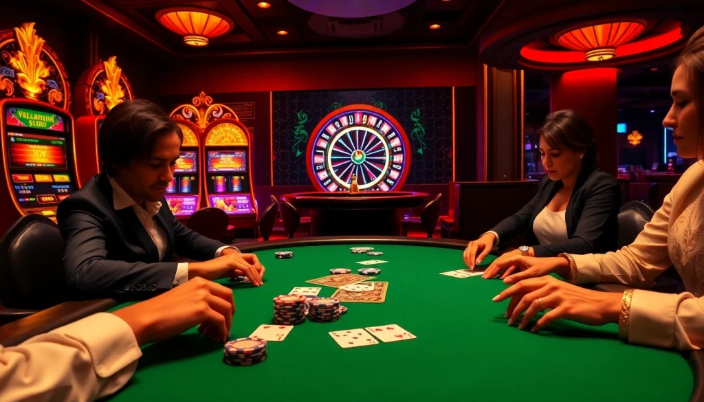 TG88-themed poker table action with stylish players and vibrant casino elements.