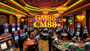 Players enjoy exciting games at the luxurious CM88 casino, featuring vibrant slot machines and tables.