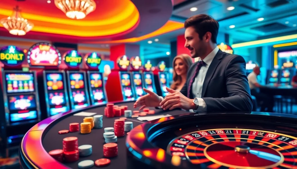 Players enjoying thrilling games at Luckywin casino with vibrant tables and slot machines.