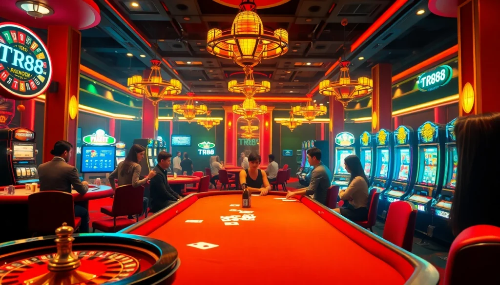 Exciting poker action at TR88 casino, showcasing vibrant tables and players in action.