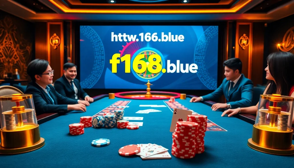 Engage in thrilling online gaming with https://f168.blue/ showcasing dynamic poker action at a luxurious casino table.