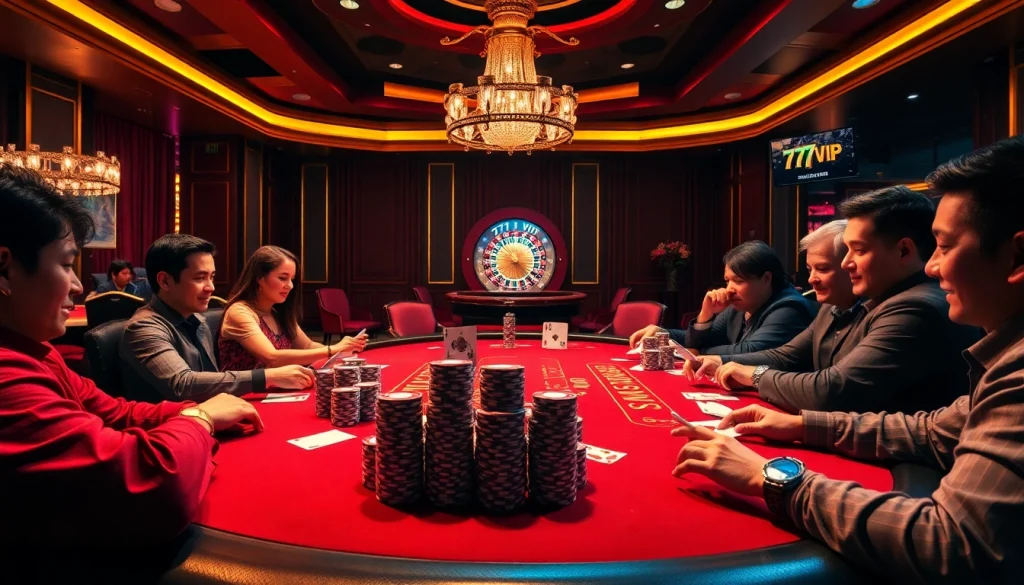 Thrilling poker game action at 777VIP casino table with colorful chips and cards.