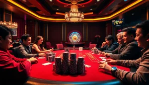 Thrilling poker game action at 777VIP casino table with colorful chips and cards.