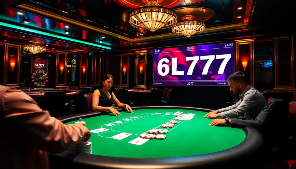 Exciting high-stakes poker game at a casino featuring 6L777, with vibrant chips and cards.