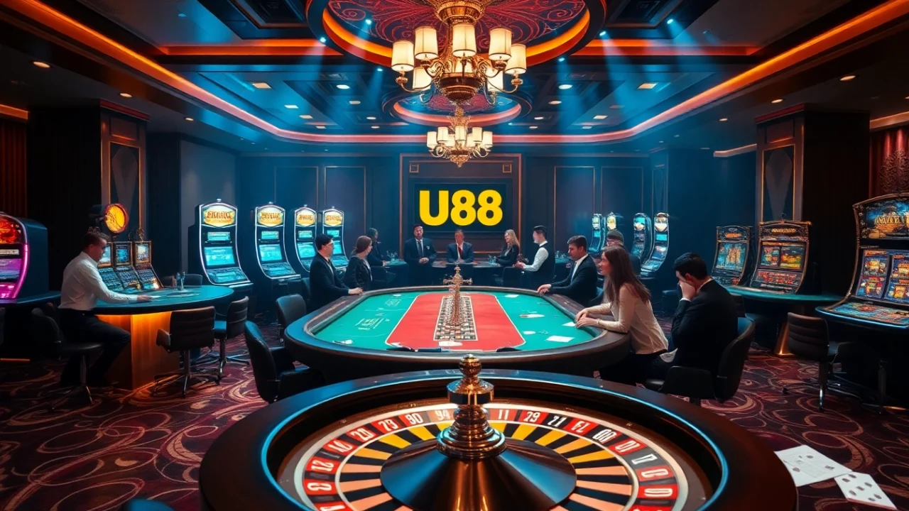 Exciting gambling scene featuring u88 gaming with poker tables, slot machines, and vibrant casino atmosphere.
