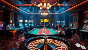 Exciting gambling scene featuring u88 gaming with poker tables, slot machines, and vibrant casino atmosphere.