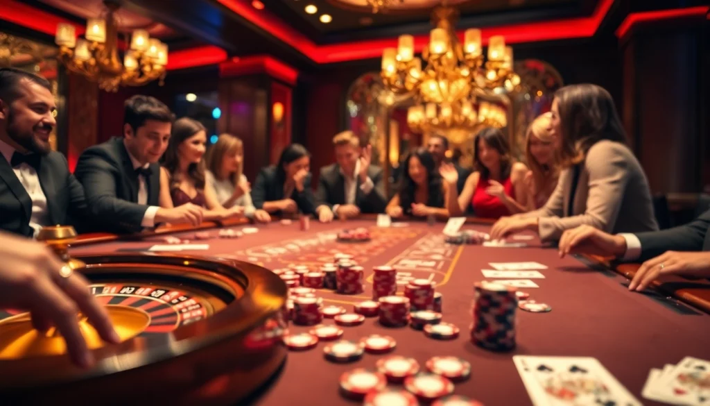 The b52 club gaming scene with players enjoying poker and roulette amid vibrant casino lights.