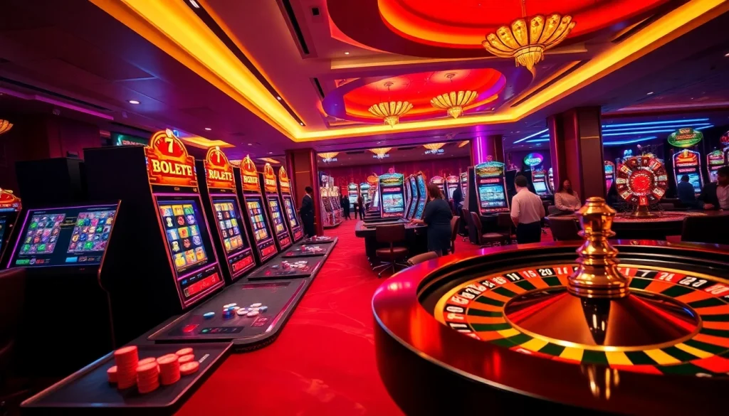 A lively casino scene featuring online play at tg88. com with luxury slot machines and vibrant poker chips.