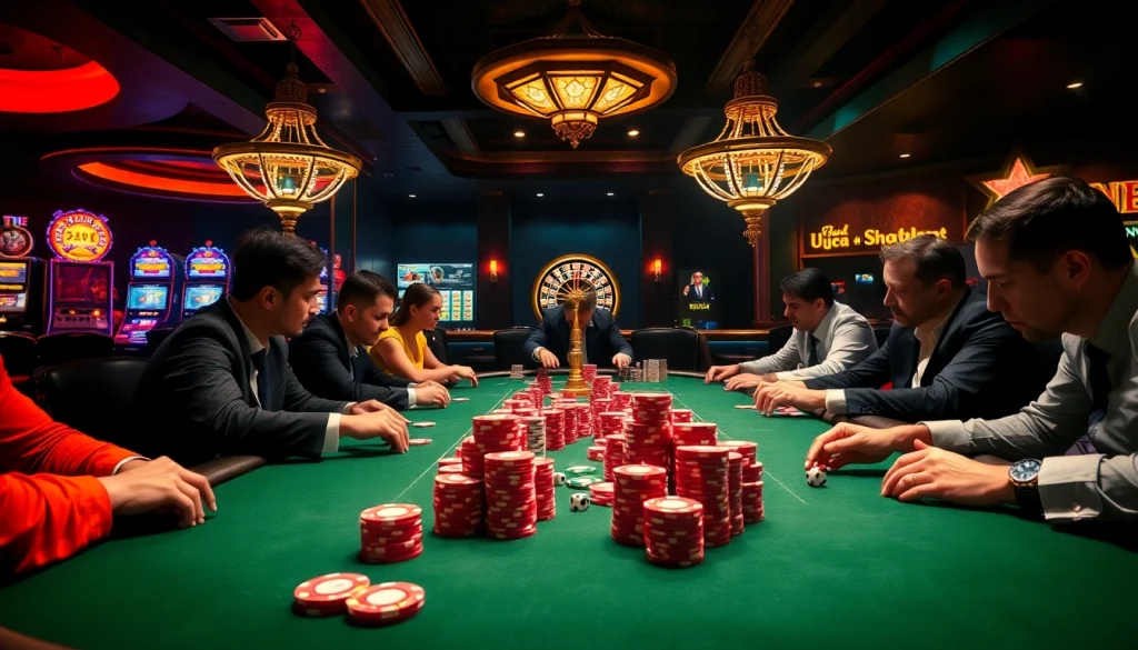 Engaged poker players at a luxurious table representing https://388bet.miami/ in an electrifying casino atmosphere.