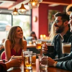Social scene of diverse couples enjoying conversations at a lively café, representing the essence of OKFUN COM.