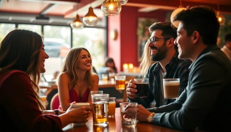 Social scene of diverse couples enjoying conversations at a lively café, representing the essence of OKFUN COM.